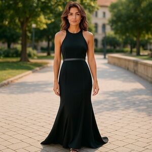 NWOT Temptation Women’s Black SZ 4 High Low Halter Gown Cinched Waist  Open Back